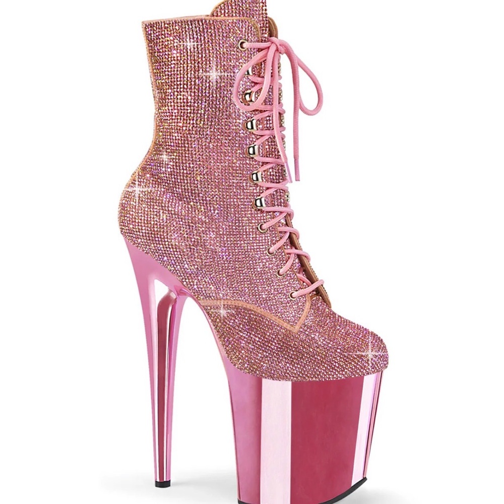 Pleaser Baby Pink Rhinestone 8” Lace-Up Embellished Ankle Boot